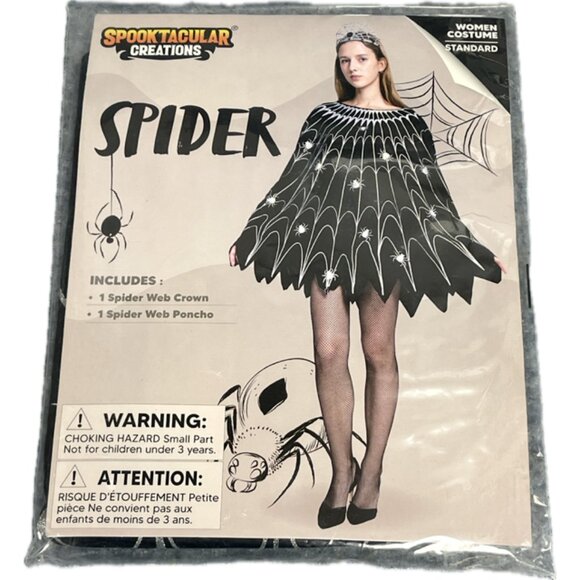 Spooktacular Creations Women Spider Web Dress Poncho Costume & Crown Black NEW - Picture 7 of 7
